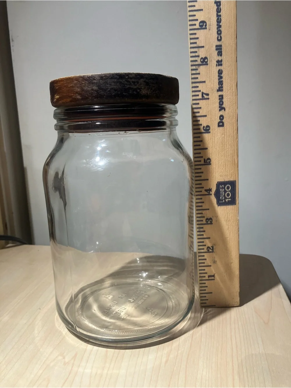 Vintage Anchor Hocking Clear Glass Kitchen Storage Jar with Dark Brown Wood Lid